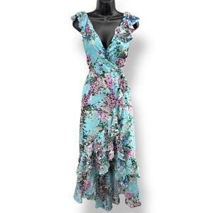 Kensie NWT Floral Faux Wrap Maxi Dress Ruffle Trim Blue Size 8 MSRP $138